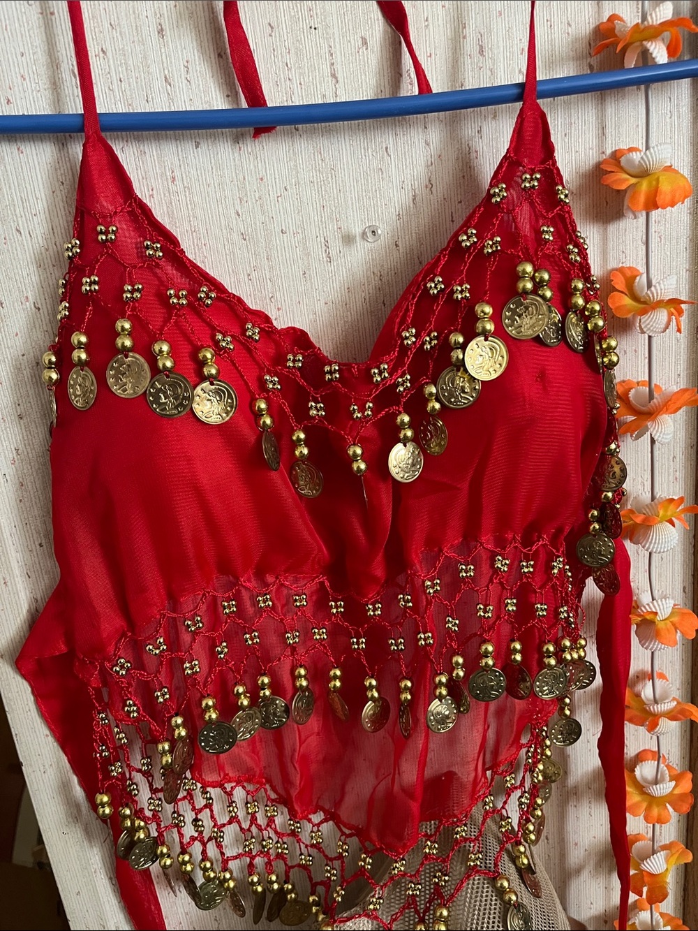 Red Coin Fringe Belly Dance Top with Gold Coins